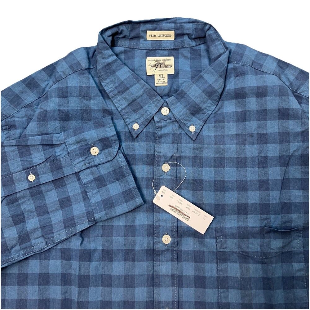 J Crew Secret Wash Button Down Shirt Untucked Blue Check Stretch Mens XL Short